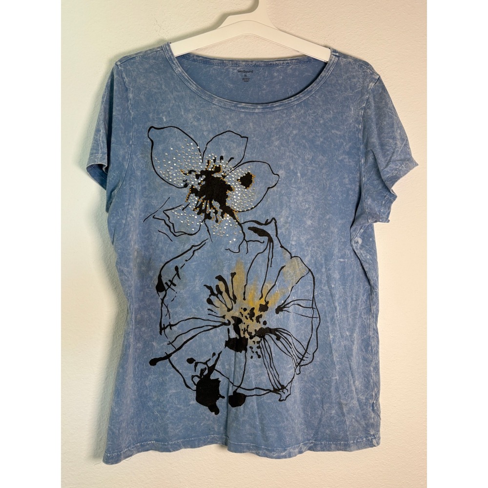 Westbound Womens XL Blue Acid Wash Floral Rhinestone Graphic T-Shirt Cotton USA